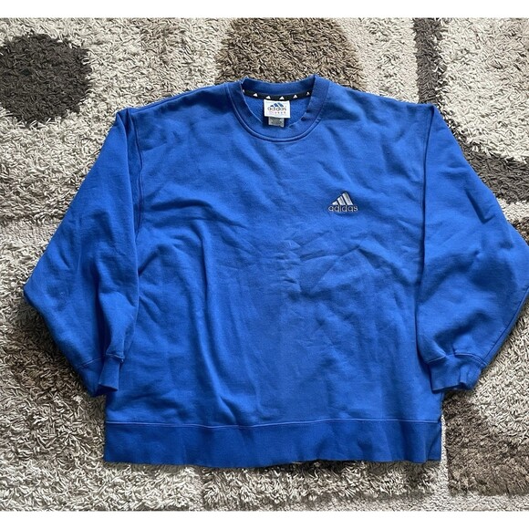 Vintage 1990s Adidas Crewneck Sweatshirt XL Blue White 3 Stripes USA Made - Picture 1 of 6